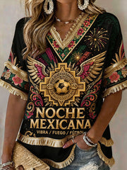 Women's Mexico Football Lover Art Printed Linen Tops