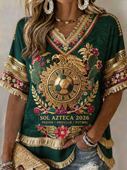 Women's Mexico Football Lover Art Printed Linen Tops