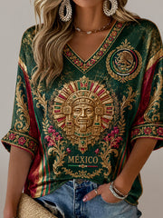 Women's Mexican Football Aztec Totem Element Art Print V-Neck Top