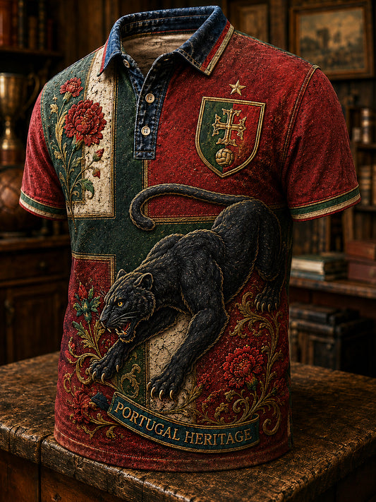 Retro Portuguese Football Fan Art Print Casual Polo Shirt