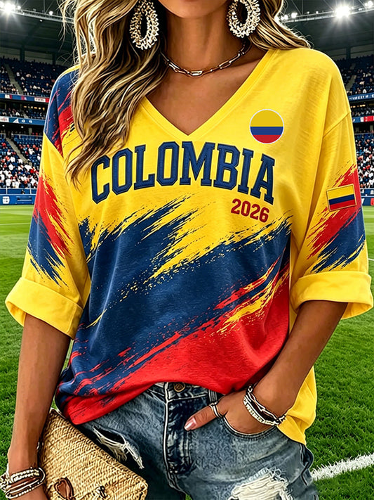 Women's Colombian football casual printed Waffle T-shirt