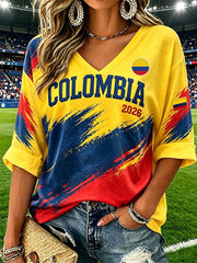 Women's Colombian football casual printed Waffle T-shirt