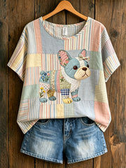 Women's Animal Dog Art Printed Vintage Fashion Loose Short Sleeve T-Shirt