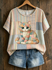Women's Animal Cat Art Printed Vintage Fashion Loose Short Sleeve T-Shirt
