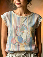 Women's Animal Dog Art Printed Lace Round Neck Sleeveless T-shirt