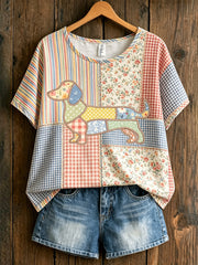 Women's Animal Dog Art Printed Vintage Fashion Loose Short Sleeve T-Shirt