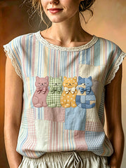 Women's Animal Cat Art Printed Lace Round Neck Sleeveless T-shirt