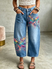 Women's Animal Dragonfly Art Print Pocketing Trousers