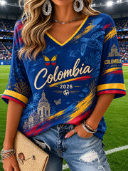 Women's Colombian football casual printed Waffle T-shirt