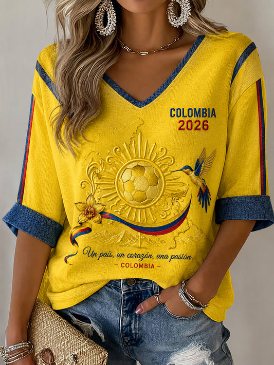 Women's Retro 2026 Colombia Soccer Casual V-Neck T-Shirt