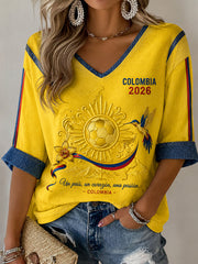 Women's Retro 2026 Colombia Soccer Casual V-Neck T-Shirt