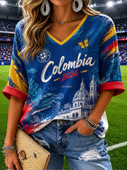 Women's Colombian football casual printed Waffle T-shirt