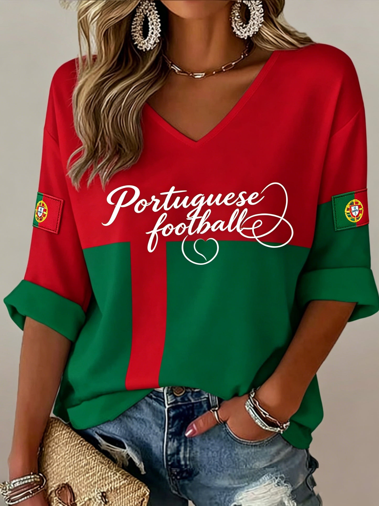 Women's Portuguese Football Match Cheering Embossed Textured Textured Print V-Neck Top