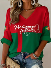Women's Portuguese Football Match Cheering Embossed Textured Textured Print V-Neck Top