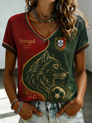 Women's Portuguese Football Printed V-neck T-shirt