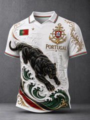 Men's Portugal Football Match Cheering Embossed Textured Artistic Print Polo Shirt