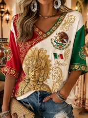 Women's Mexican Football Cheering Fan Element Art Print V-Neck Top