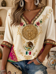 Women's Mexican Football Cheering Fan Element Art Print V-Neck Top