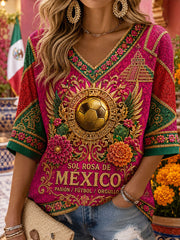 Women's Mexico Football Lover Art Printed Linen T-shirt