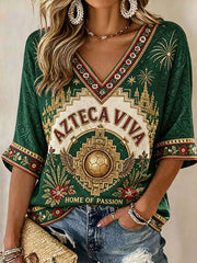 Women's Mexico Football Lover Art Printed Linen T-shirt