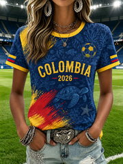 Women's Colombian football casual printed short-sleeved T-shirt