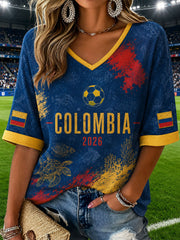 Women's 2026 Colombian football casual printed short-sleeved Waffle T-shirt
