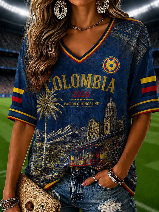2026 Colombia Soccer Commemorative Art V-Neck T-Shirt