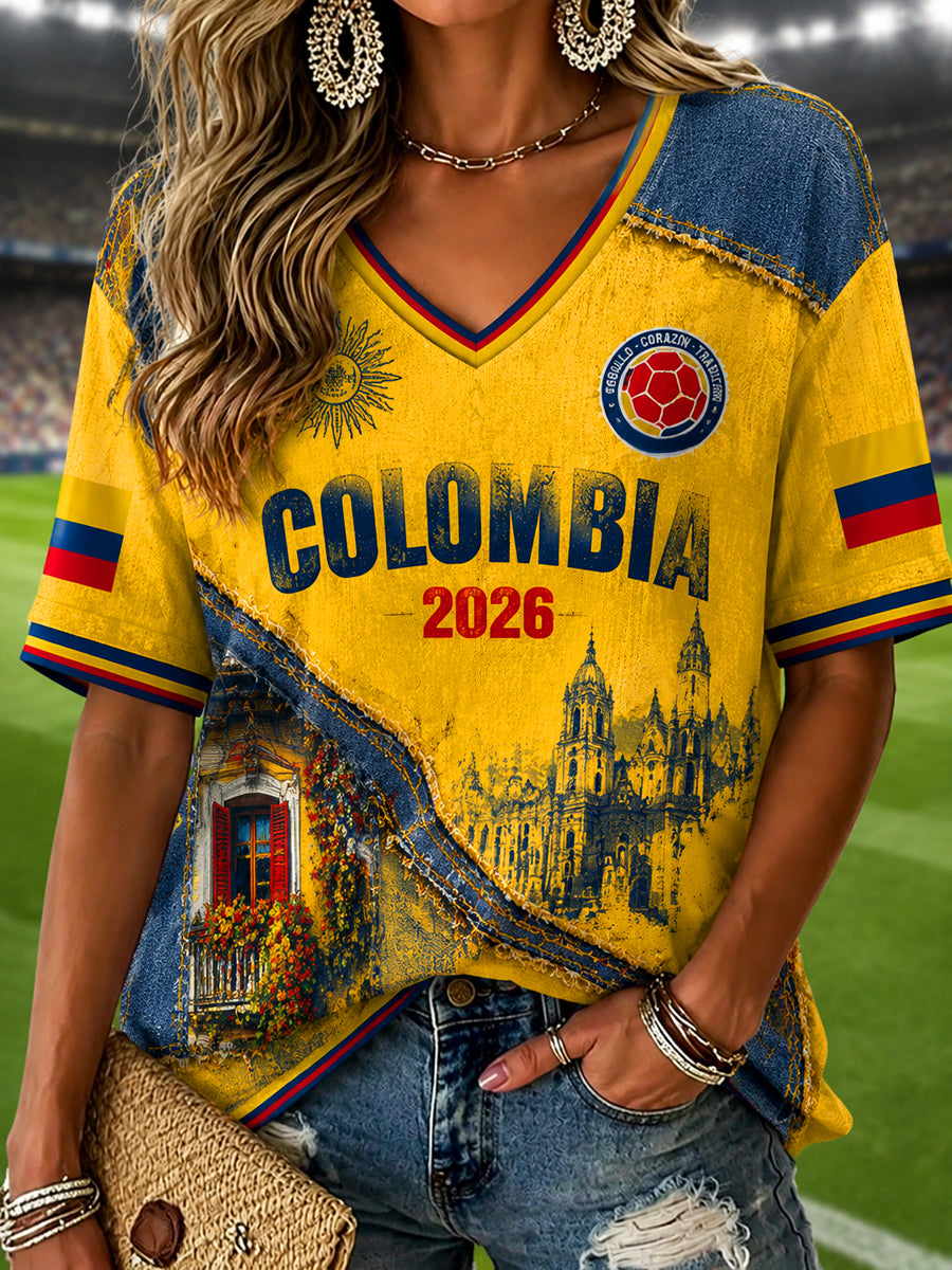 2026 Colombia Soccer Patchwork Casual V-Neck T-Shirt