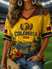 2026 Colombia Floral Art Casual V-Neck T-Shirt