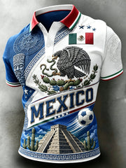 Men's Mexican Football Cheering Embossed Textured Traditional Totem Art Print Polo Shirt