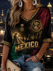 Women's Mexican Football Cheering Embossed Traditional Totem Art Print V-Neck Top