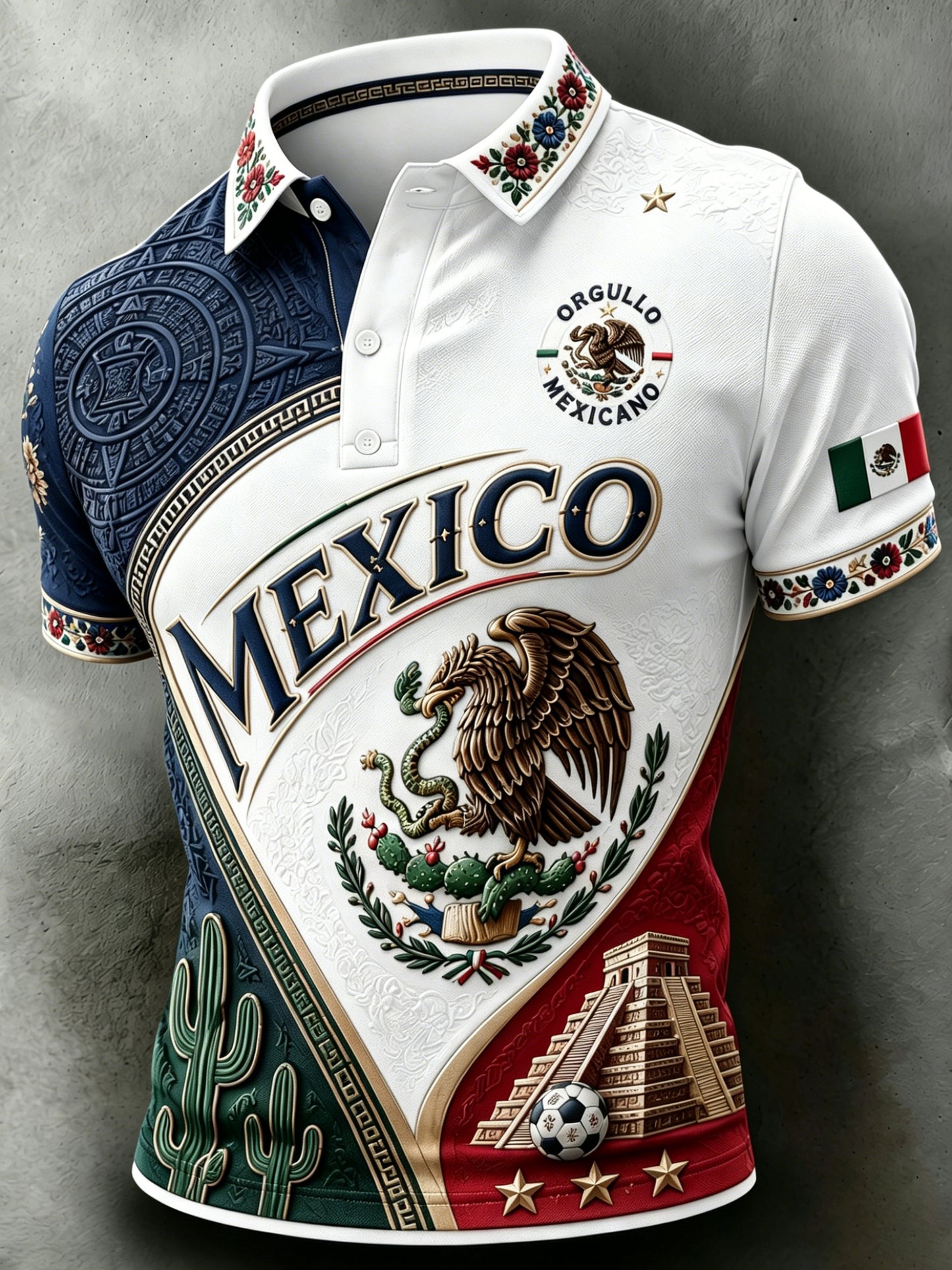 Men's Mexican Football Cheering Embossed Textured Traditional Totem Art Print Polo Shirt
