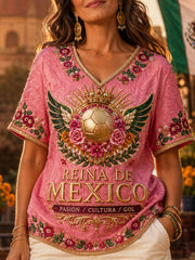 Women's Mexico Football Lover Art Printed Linen Tops