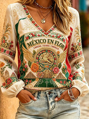 Women's Mexico Football Lover Art Printed Linen Tops