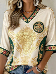 Women's Mexican Football Cheering Embossed Traditional Totem Art Print V-Neck Top