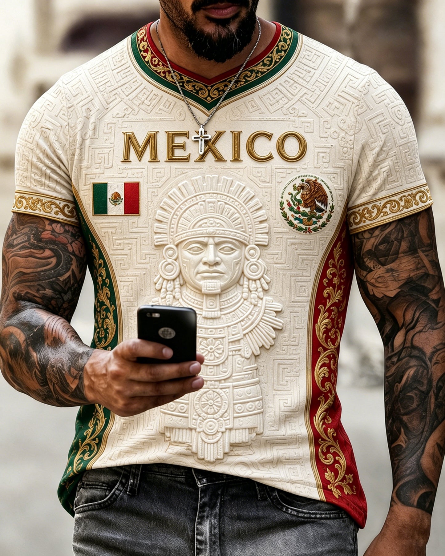 Men's Mexican Football Support Embossed Traditional Totem Art Print T-Shirt