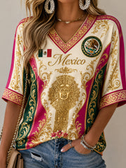Women's Mexican Football Cheering Embossed Traditional Totem Art Print V-Neck Top