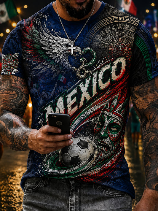 Men's Mexican Football Support Embossed Traditional Totem Art Print T-Shirt