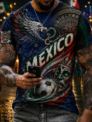 Men's Mexican Football Support Embossed Traditional Totem Art Print T-Shirt