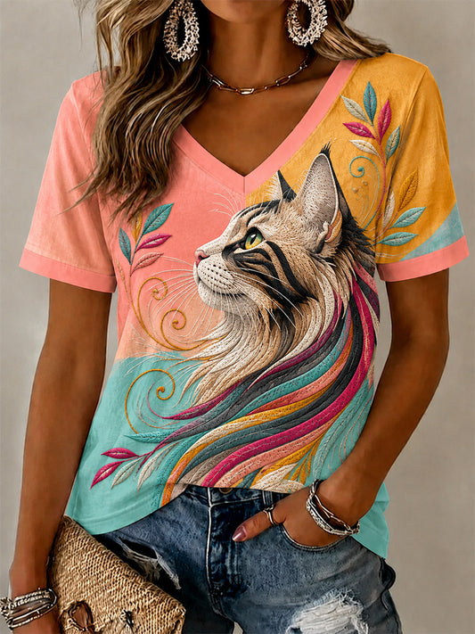 Women's Artistic Cats Print Casual V-Neck Tee