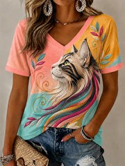 Women's Artistic Cats Print Casual V-Neck Tee