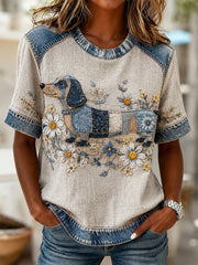 Women's Vintage Cute Dachshund Patchwork Print Casual Short Sleeved T-Shirt