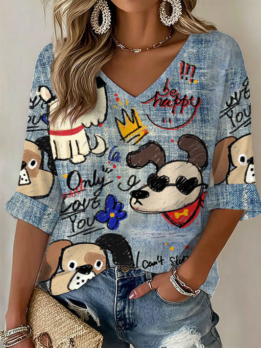 Women's Dog Art Print Casual T-Shirt