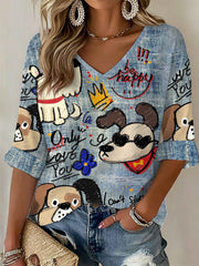 Women's Dog Art Print Casual T-Shirt