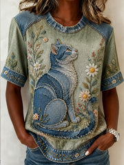 Women's Cute Collage Floral Cat Print Casual Short Sleeved T-Shirt