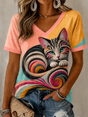 Women's Artistic Cats Print Casual V-Neck Tee