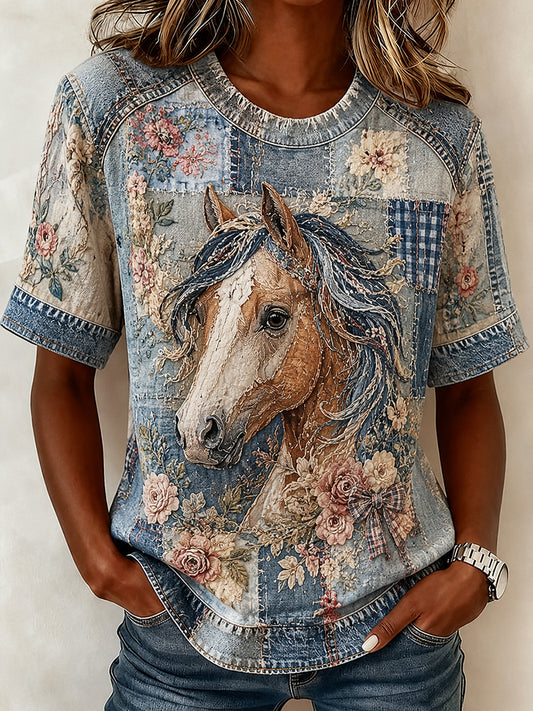 Women's Retro Collage Floral Horse Print Casual Short Sleeved T-Shirt
