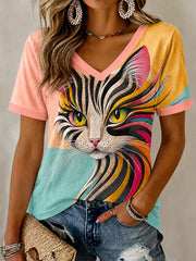 Women's Artistic Cats Print Casual V-Neck Tee
