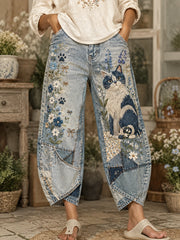 Women's Cute Kitten and Floral Collage Art Print Flared Trousers