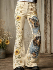 Women's Cute Sunflower Dachshund Collage Art Print Flared Trousers